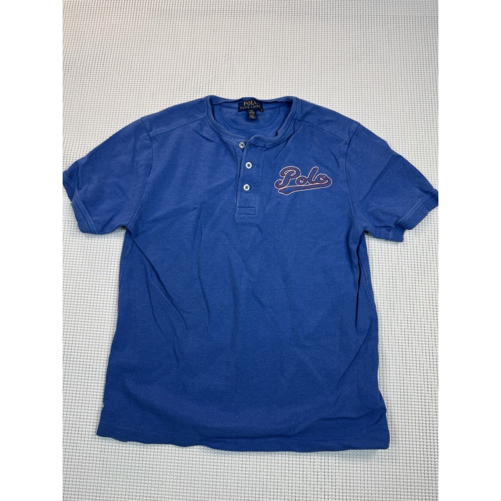 Polo Ralph Lauren Boys Blue Henley Shirt Short Sleeve Cotton Size L 14-16